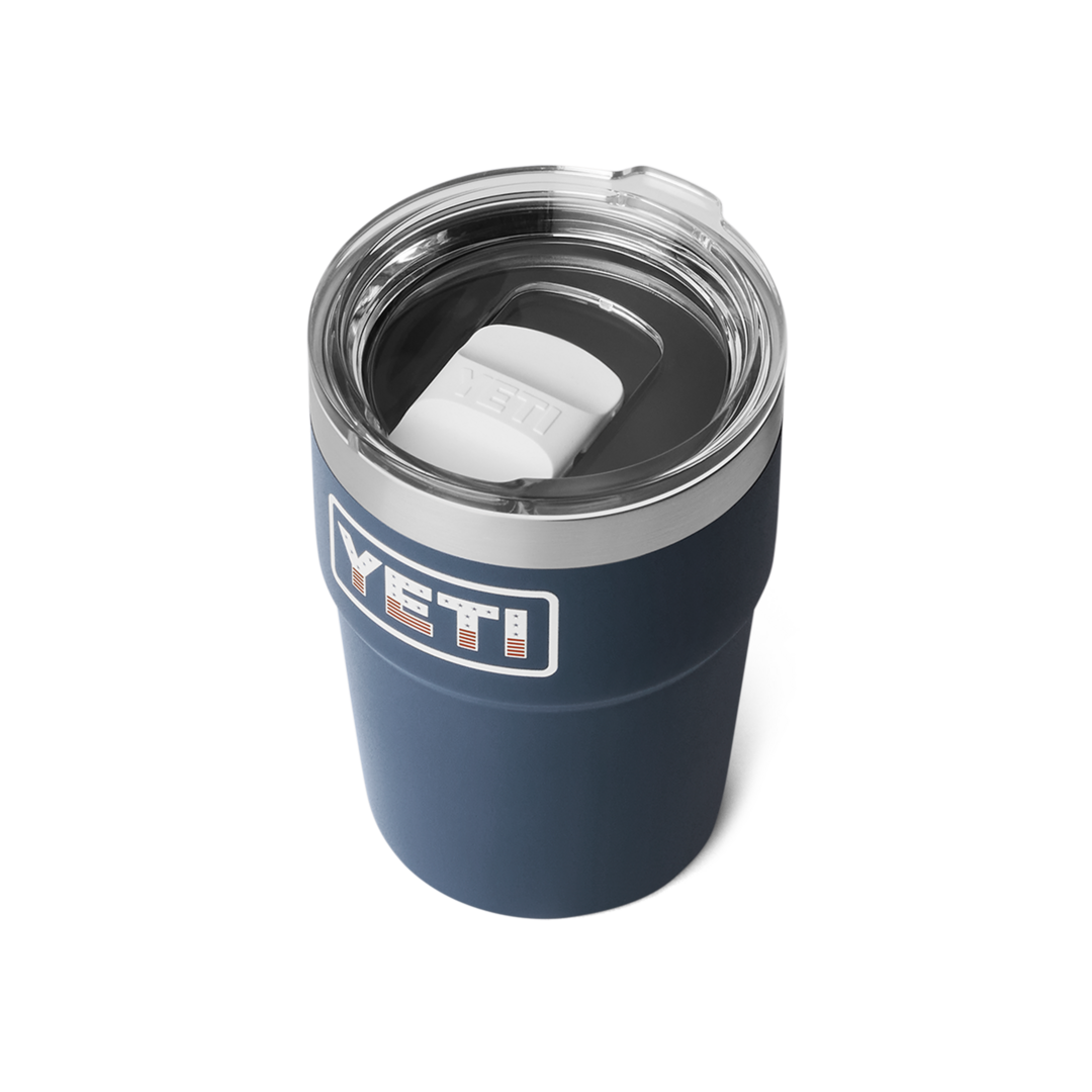 Matte navy blue insulated stackable cup with clear lid and white slider for drinkware and kitchenware collections