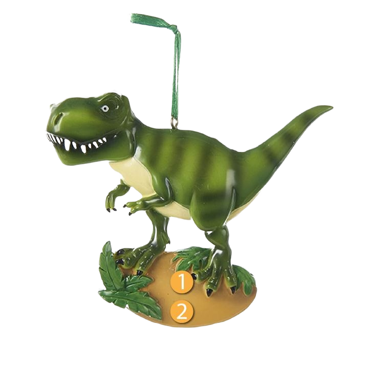 Green and cream personalized T-Rex dinosaur ornament with stripes standing on a leafy base for holiday decor