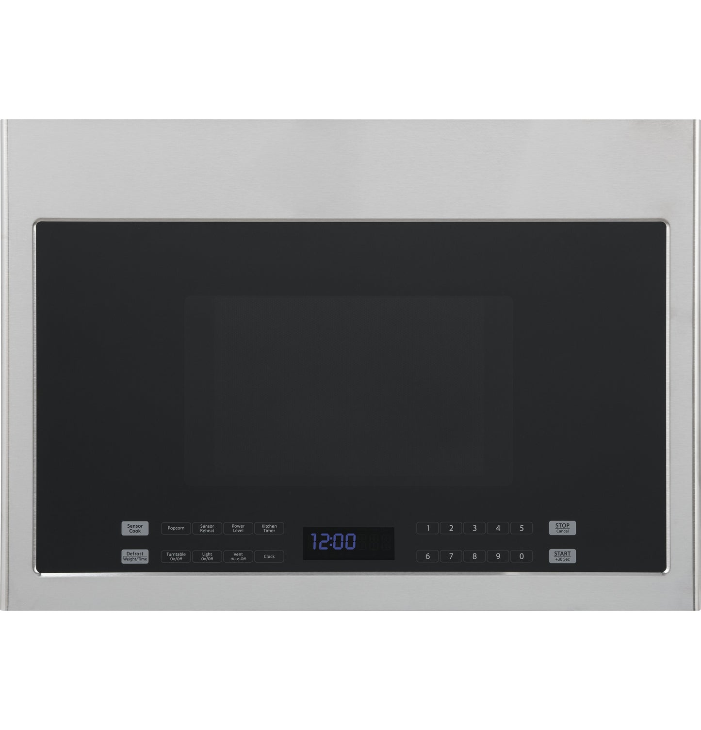Close-up of a stainless steel over-the-range microwave oven control panel with digital clock and keypad from kitchen appliances collection