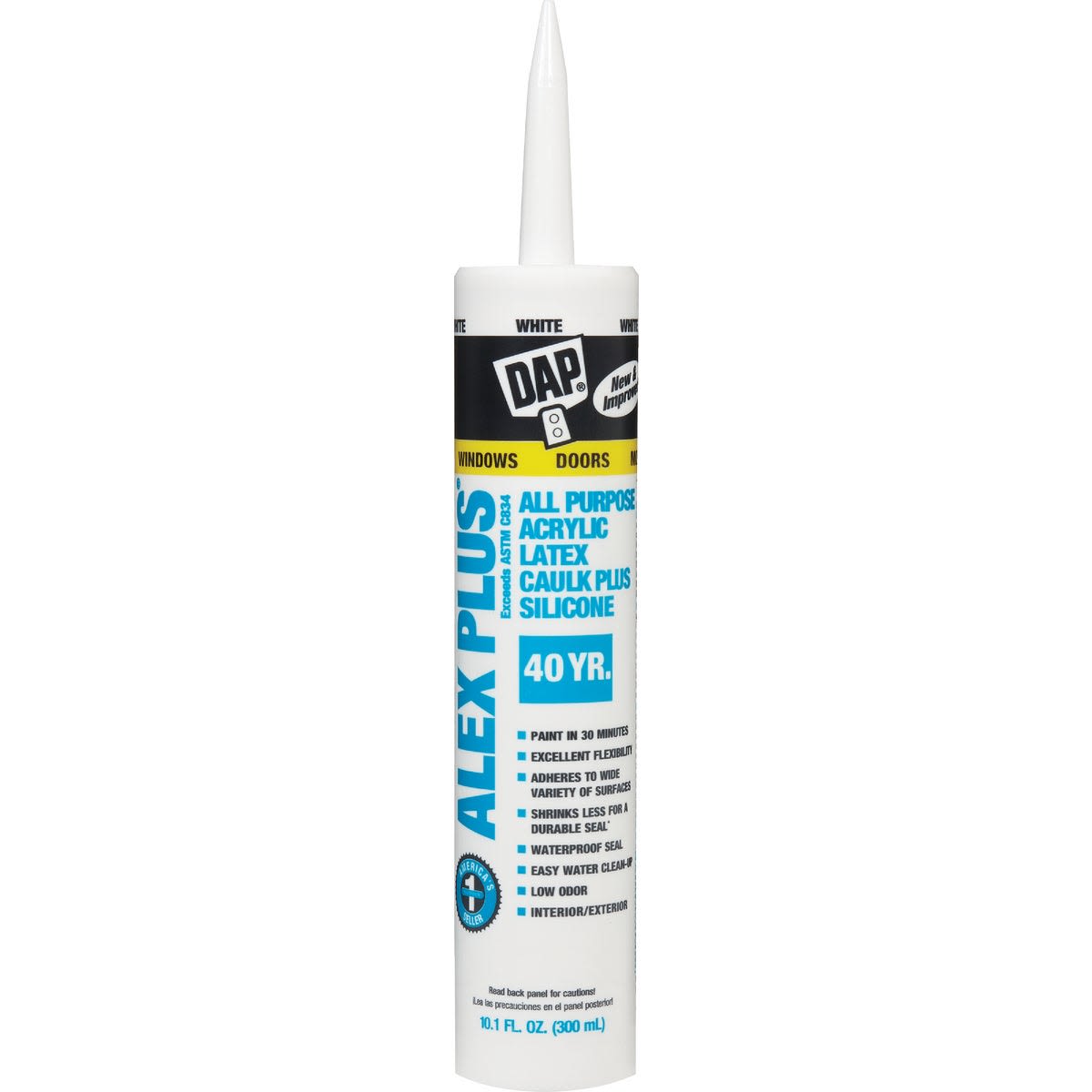 White acrylic latex caulk tube with pointed nozzle for sealing windows and doors in home improvement projects