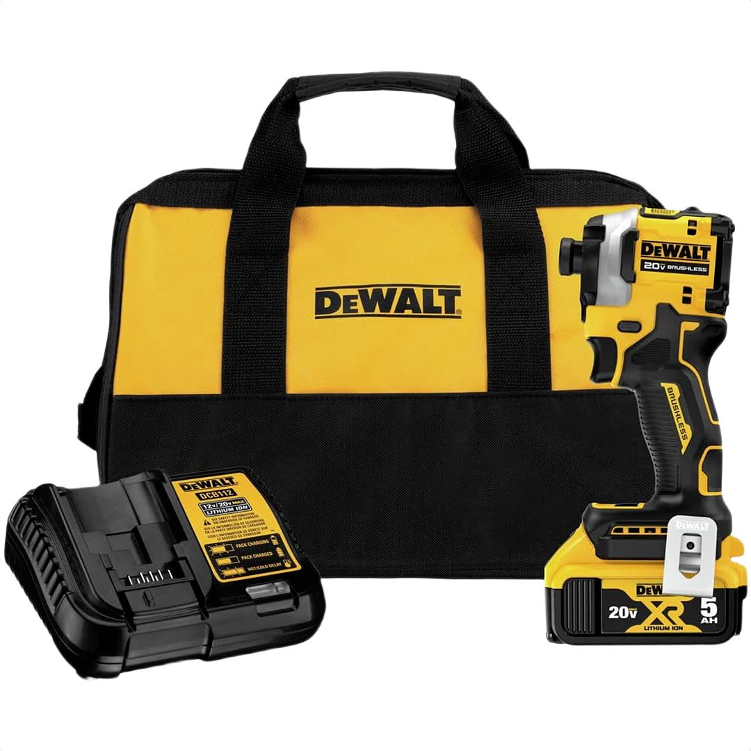 Yellow and black cordless impact driver with battery, charger, and branded soft carrying bag for tools and home improvement tasks