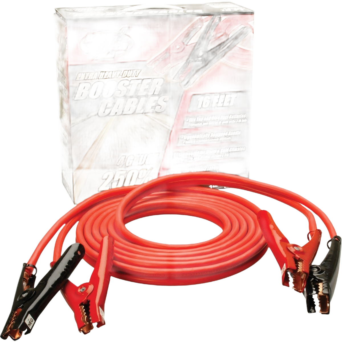 Set of red and black heavy-duty booster cables with clamps, ideal for automotive and home improvement use under $100 collections