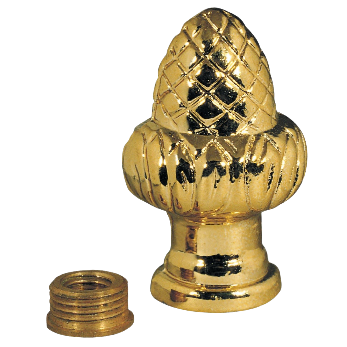 Polished brass acorn lamp finial with decorative pattern and threaded reducer, part of lighting and lamp accessory collections.