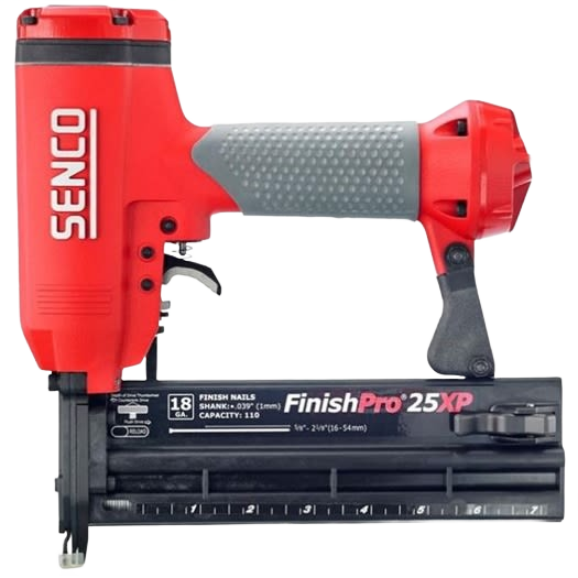 Red and gray pneumatic finish nailer with ergonomic grip and labeled magazine for 18 gauge nails in home improvement tasks