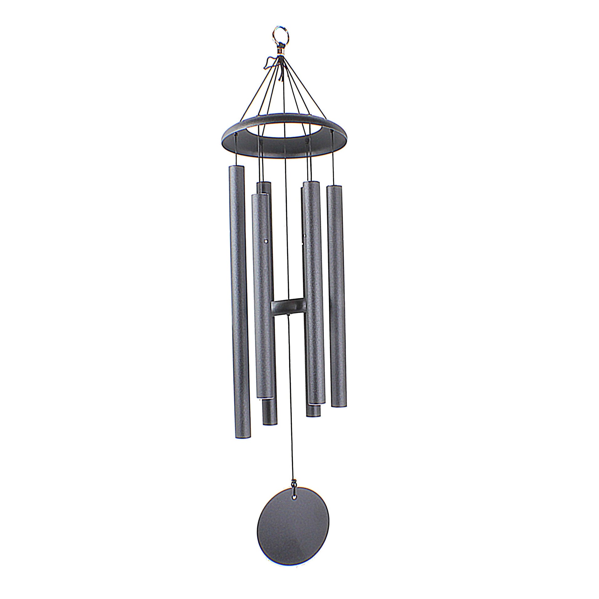 Black metal wind chimes with five tubular bells and a circular striker for outdoor home decor and improvement