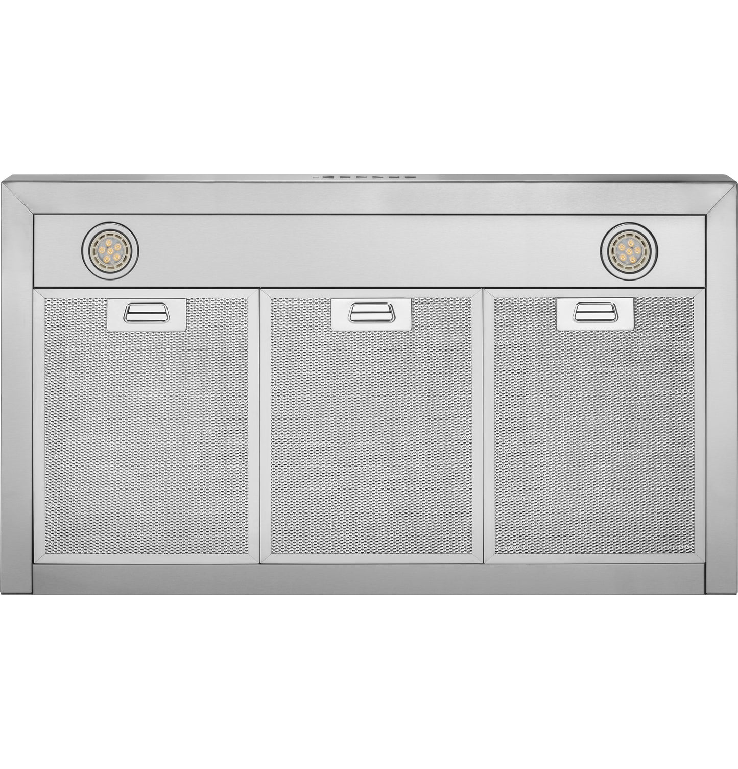 Stainless steel wall mount range hood with three mesh filters and two round dimmable LED lights from kitchen appliances collection