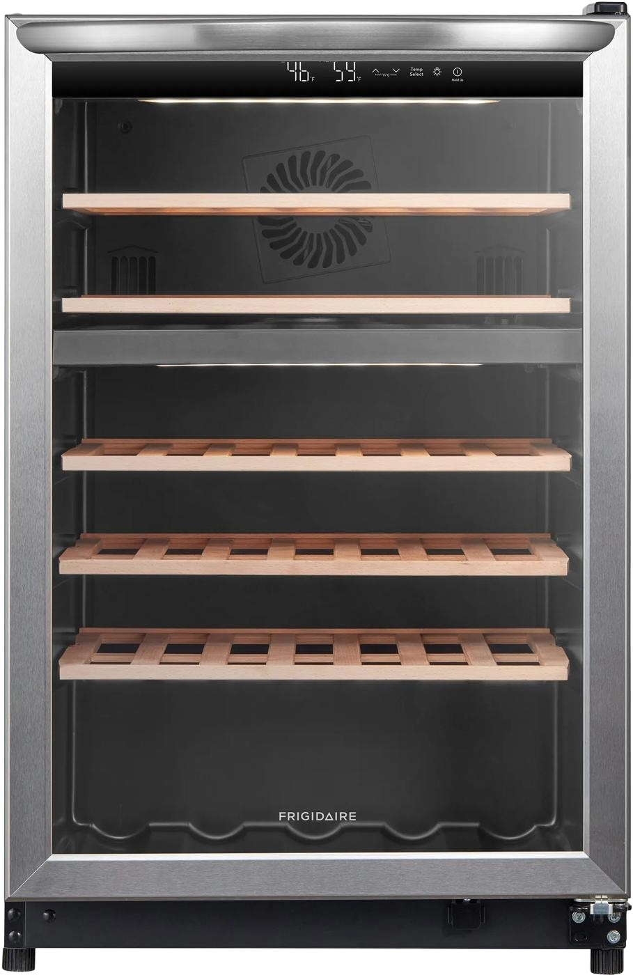 Stainless steel wine cooler with tinted glass door, four natural wood shelves, digital temperature display, suitable for Refrigerators, Beverage Centers, Kitchen & Kitchenware, Appliances, and All Products collections.