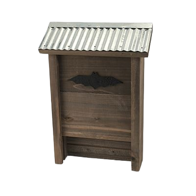 Rustic wooden farmhouse style bat house with corrugated metal roof for outdoor home improvement projects