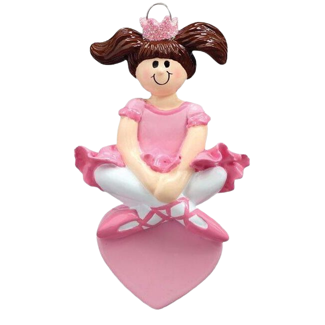 Brunette ballet princess ornament in pink outfit with crown sitting cross-legged on heart from Christmas Ornaments & Tree Decorations collection