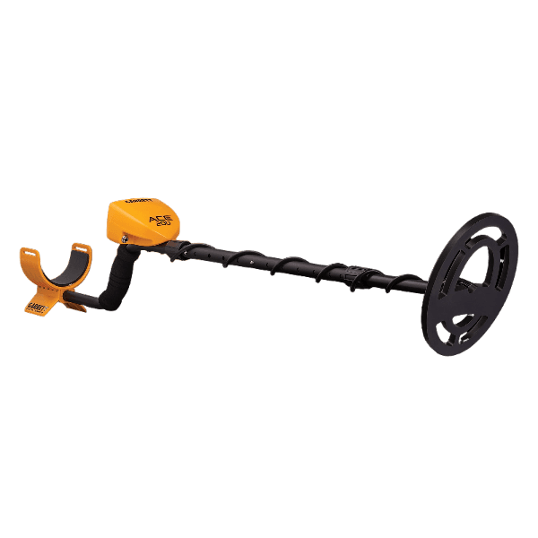 Lightweight metal detector with orange control housing and adjustable black shaft, designed for beginner-friendly use in rental equipment at Hartville Hardware.