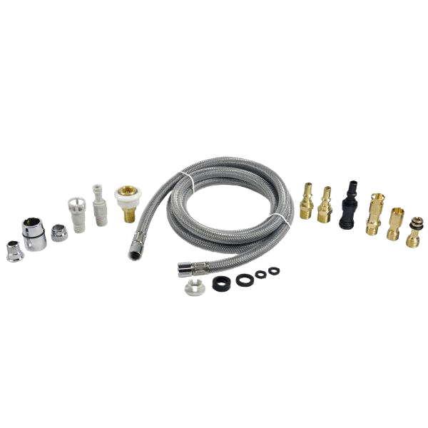 Replacement pull-out spray hose kit with fittings and connectors for kitchen faucet repair in home improvement projects