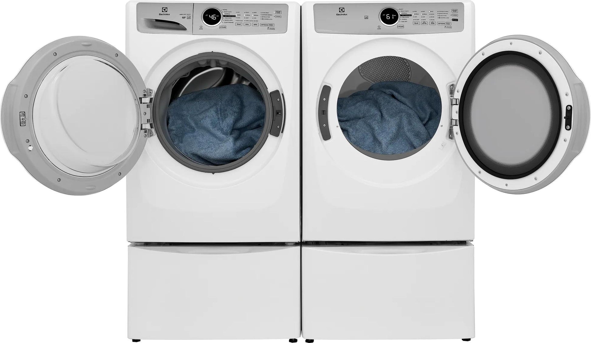 Pair of white front load washers and dryers with open doors showing blue fabric inside drums from washers and appliances collection