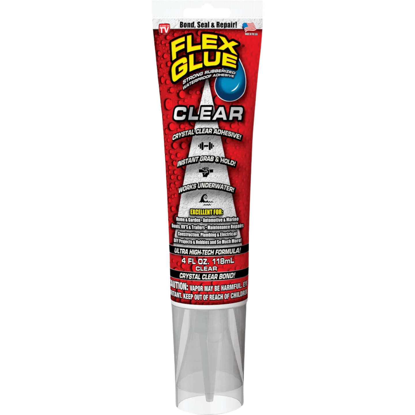 Tube of clear multi purpose adhesive with red and black packaging for tools and home improvement projects