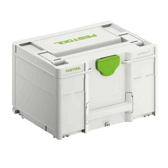 Compact white and green modular tool storage box for workshop organization and jobsite tool transport