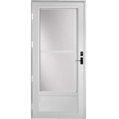White storm door with full glass panel and black handle for home improvement projects and entry protection