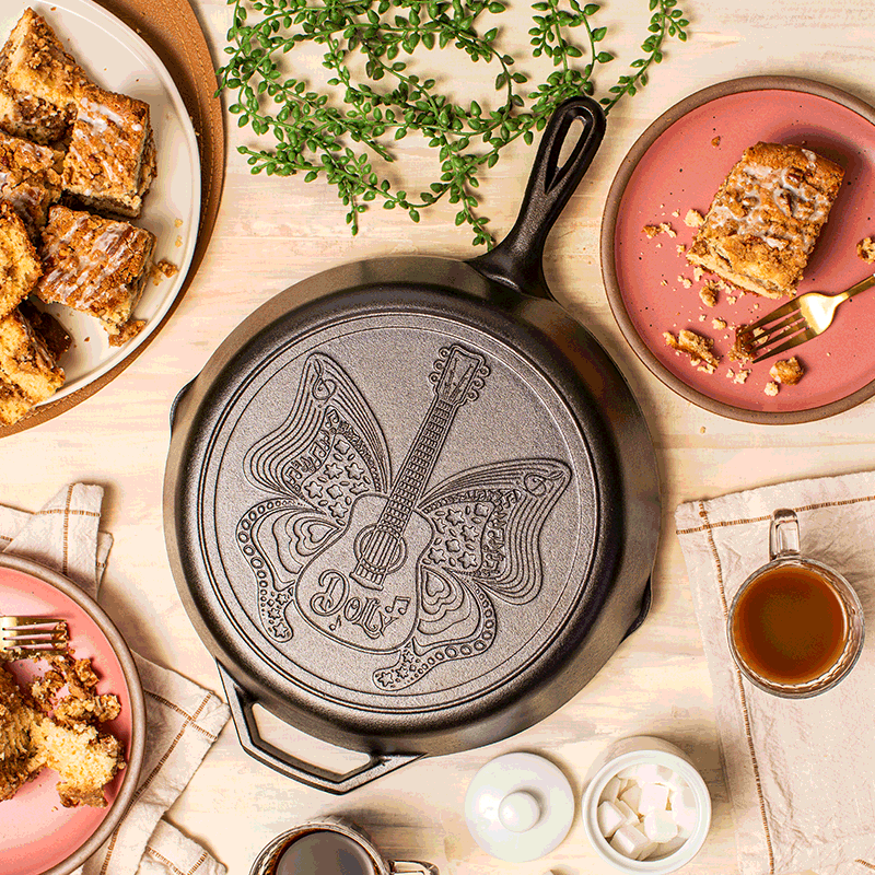 Cast iron skillet with raised butterfly and guitar design, durable cookware for kitchenware and Lodge Cast Iron collections