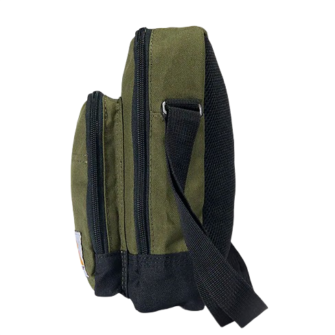 Durable green crossbody bag with multiple zip compartments and adjustable black strap for carrying tools or essentials