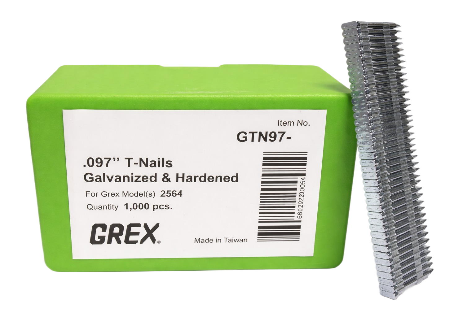 Stack of galvanized, heat-treated T-nails beside a green box for hardware and home improvement use.