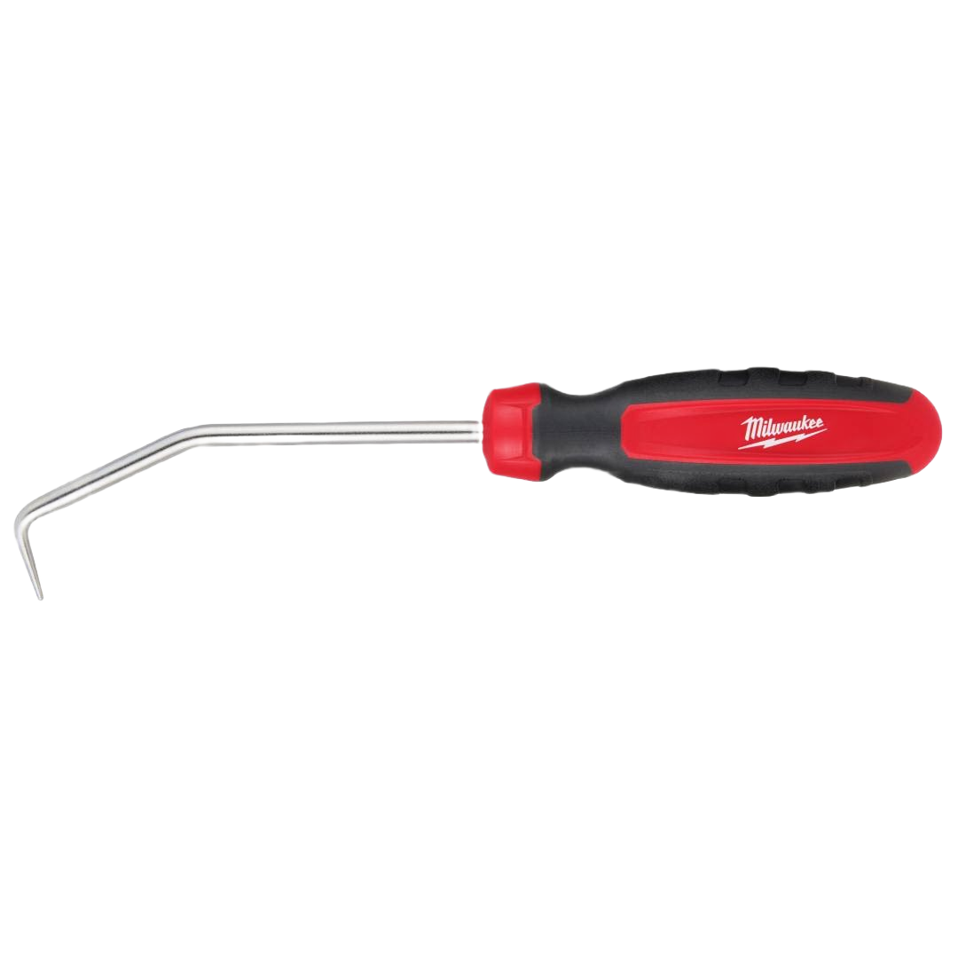 Red and black ergonomic grip tool with angled metal tip designed for precision use in home improvement tasks
