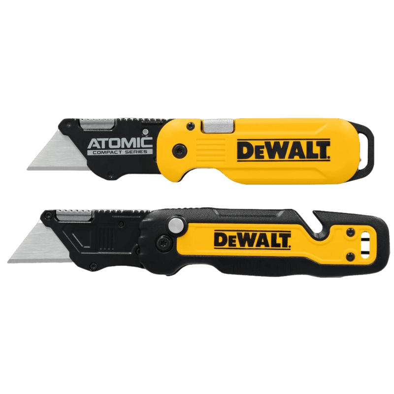 Set of two DEWALT folding utility knives with push and flip blades, designed for woodworking and cutting tasks.
