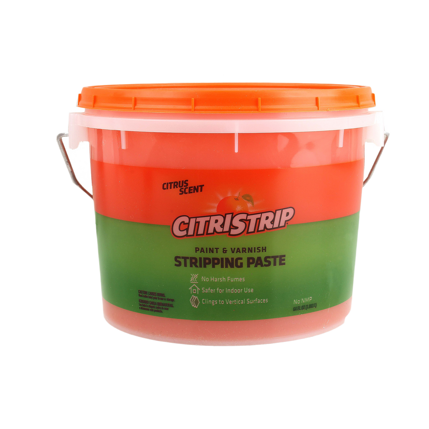 Orange and green container of Citristrip paint and varnish stripping gel with handle for home improvement use