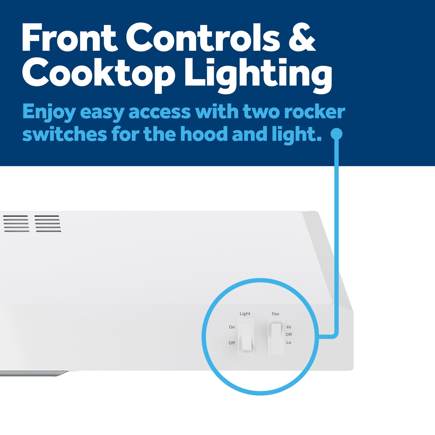 Close-up of white under the cabinet hood with front-mounted rocker switches for fan and light control in kitchen appliances collection