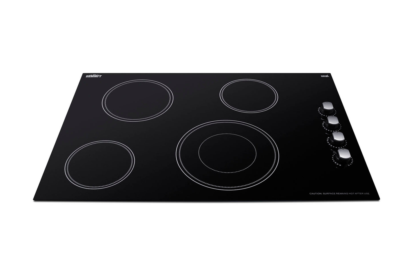 Black smooth-top radiant cooktop with four burners and four silver control knobs for kitchen and home improvement