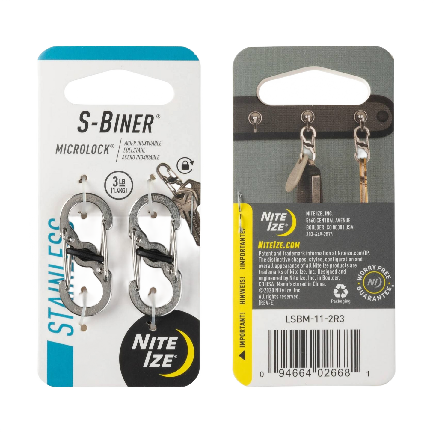 Two stainless steel S-Biner MicroLock key rings secured on retail card for hardware and home organization use