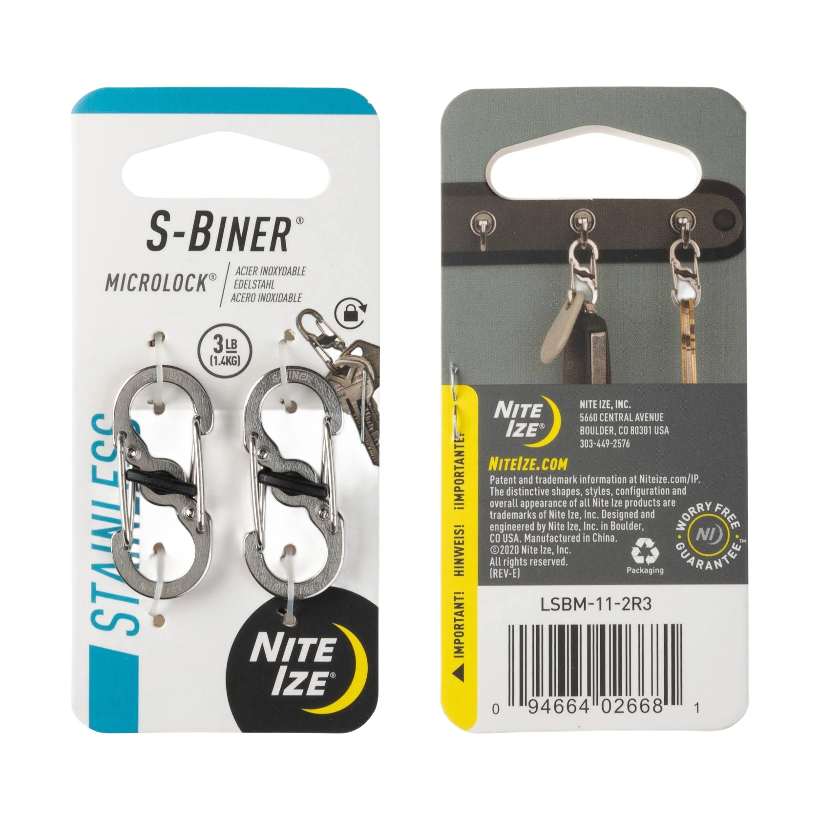 Two stainless steel S-Biner MicroLock key rings secured on retail card for hardware and home organization use