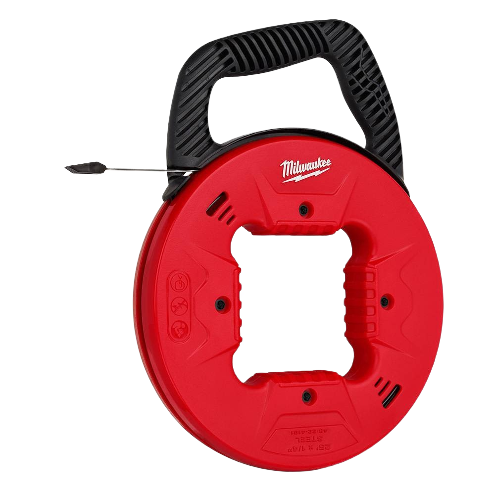 Red steel fish tape with black ergonomic handle designed for smooth use in electrical and conduit tool applications under 50 dollars