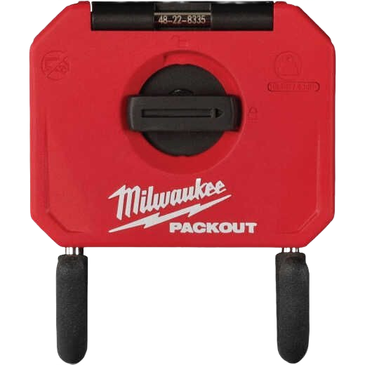 Compact red Milwaukee PACKOUT storage hook with curved design, ideal for jobsite and garage tool organization under $50.