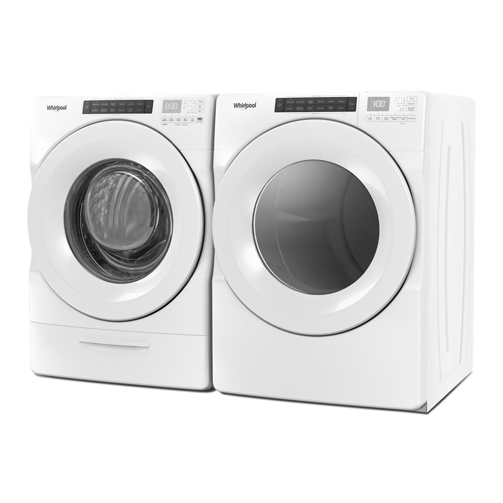 White front load washer and matching electric dryer with digital touch controls in modern laundry setup for home improvement