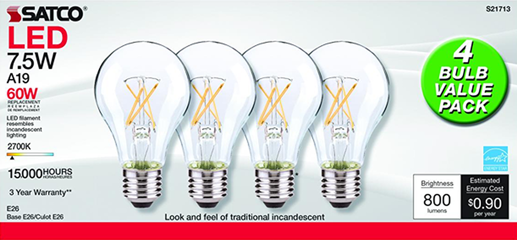 Four clear LED bulbs with medium bases offering energy-efficient, bright lighting for home improvement use