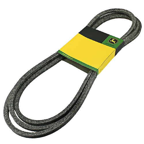 Gray textured deck drive belt with yellow and green branded packaging for home improvement lawn equipment repair