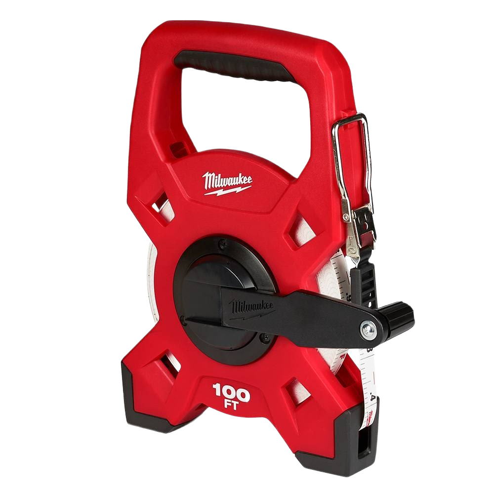 Red open reel steel tape measure with 100-foot length for measuring and woodworking tools under $50 collections