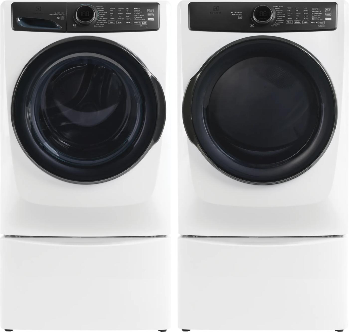 Pair of white front load washers with black doors and digital control panels for washers and appliances collections