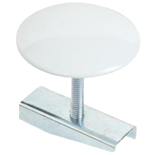 White metal faucet hole cover with threaded mounting hardware for home improvement applications
