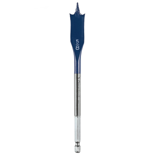 Blue and silver 5/8 inch spade drill bit with threaded tip for fast and clean holes in wood and power tool use