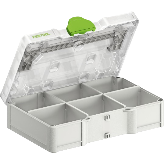 Compact white storage box with six adjustable compartments and transparent lid for tools and home improvement tasks