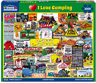 Colorful illustrated camping-themed puzzle with campers, tents, and humorous outdoor signs for recreational use