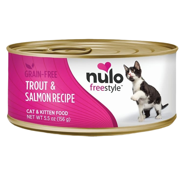 Can of grain-free trout and salmon recipe cat food with playful black and white cat image on label