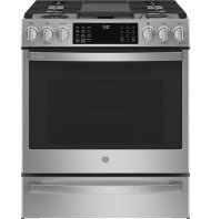 Stainless steel 30-inch smart dual fuel slide-in range with front controls and fingerprint-resistant finish from Ranges collection