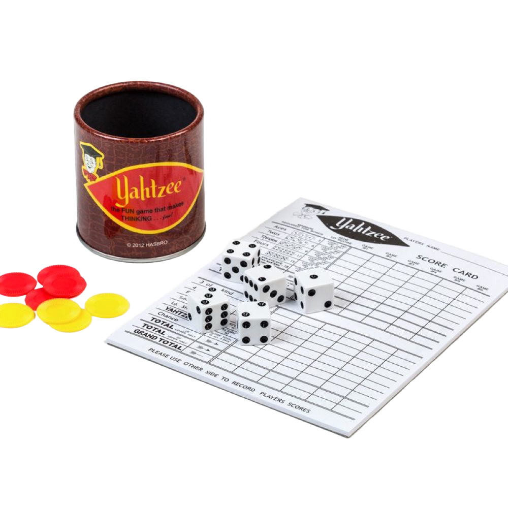 Dice cup, five dice, red and yellow chips, and scorecard for classic dice game in toys and games under $50 collection.