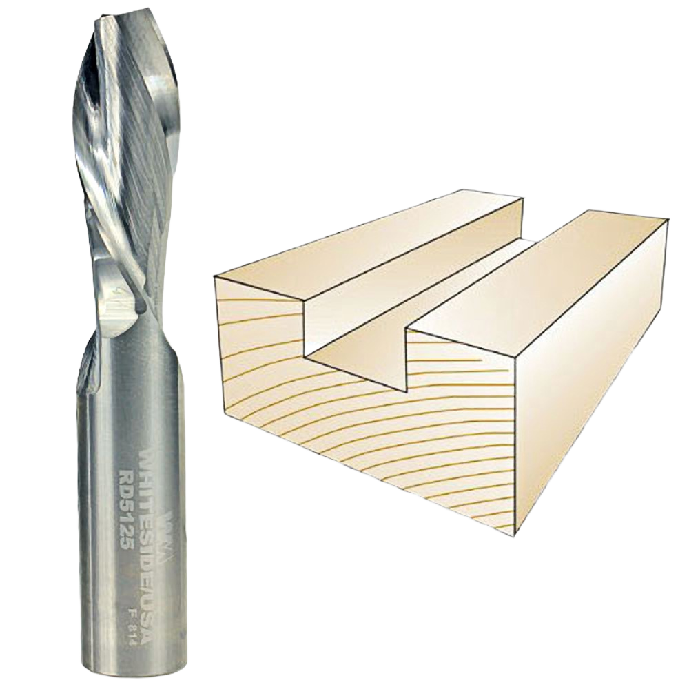 Spiral downcut router bit next to wood groove, ideal for precision woodworking tool accessories under $100 collection