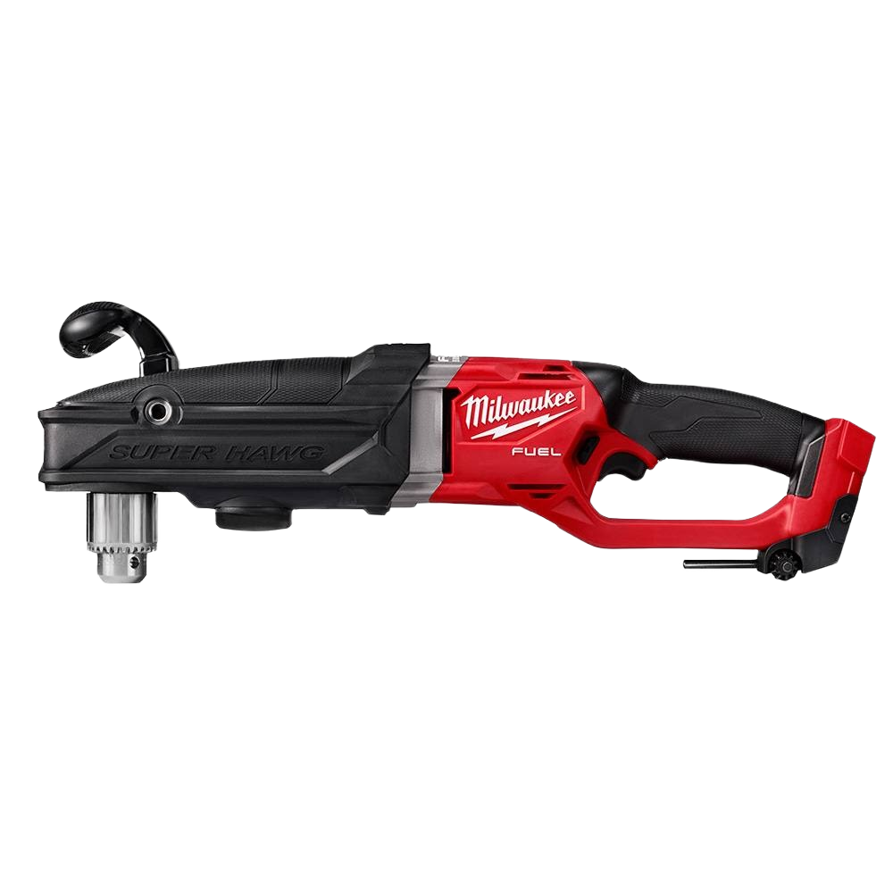 Cordless right angle drill with ergonomic black and red handle for heavy-duty tools and home improvement tasks