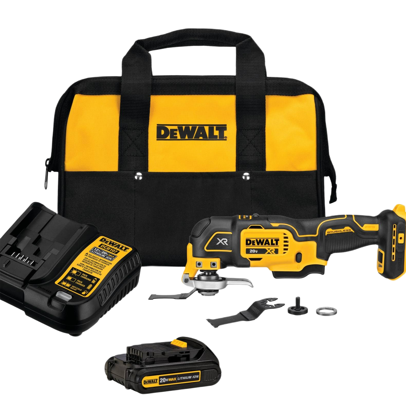 Cordless oscillating multi-tool kit with battery, charger, attachments, and yellow-black carry bag for home improvement tasks