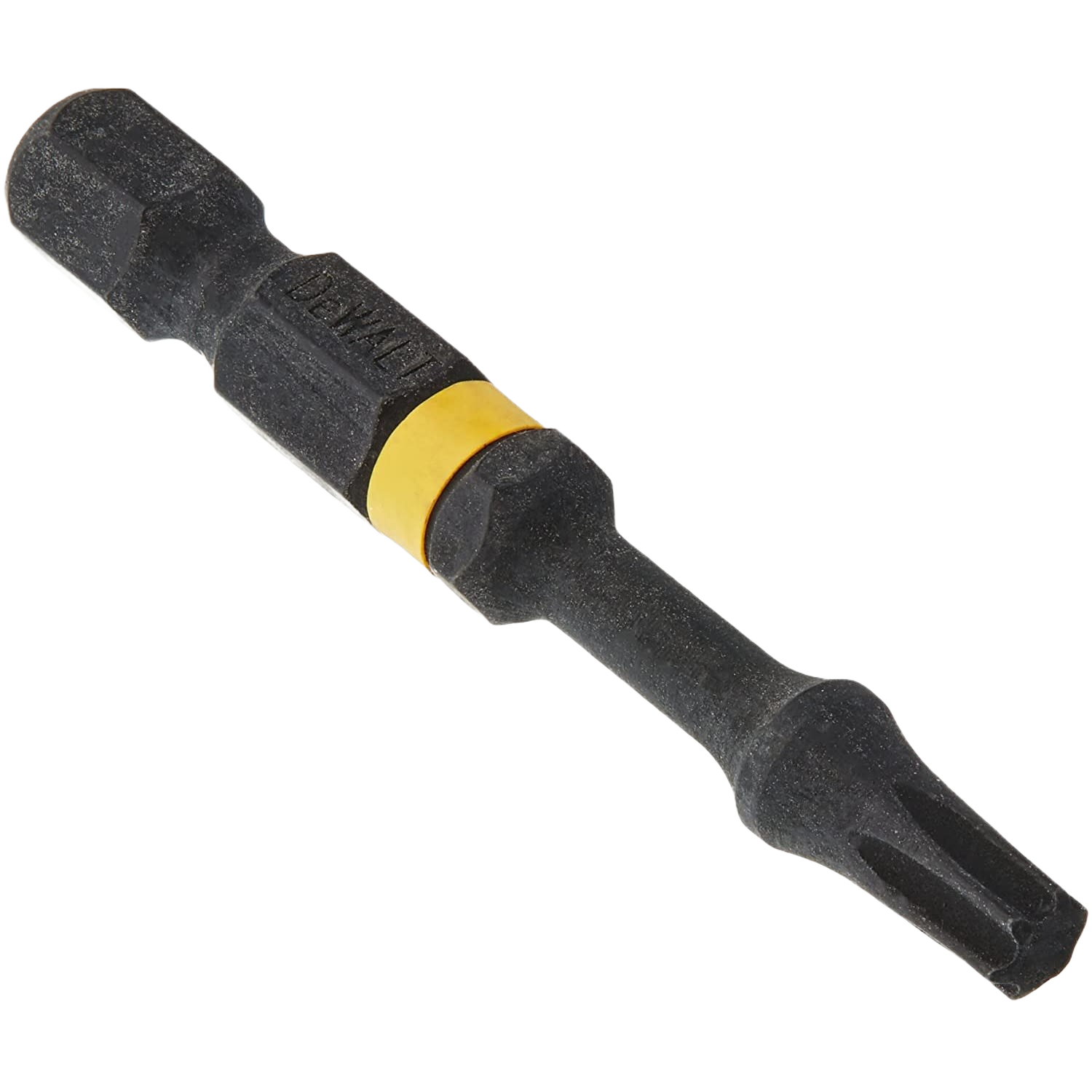 Black DEWALT impact screwdriving bit with yellow band designed for high-torque power tool accessories and home improvement tasks