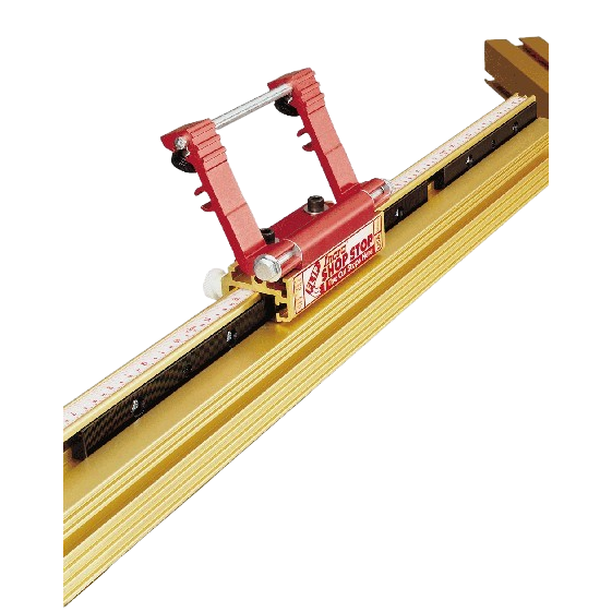 Gold and red woodworking stop with multiple rods, designed for precise measurements in hand and measuring tool collections.