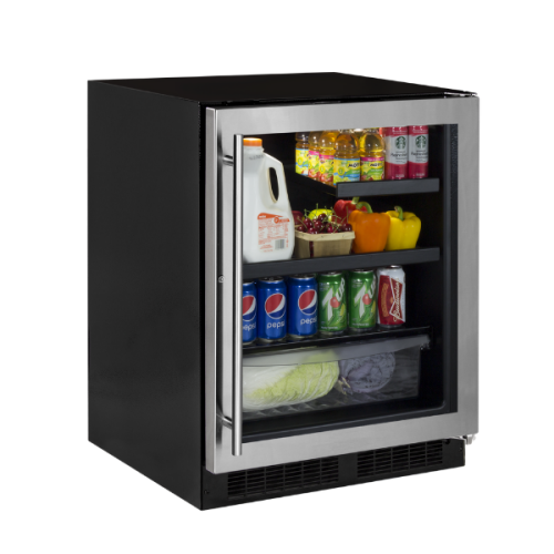 Built-in beverage center with glass door, convertible shelving, MaxStore bin, storing drinks, vegetables, and groceries