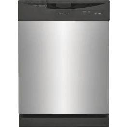 Stainless steel built-in dishwasher with black control panel for kitchen appliances and home improvement.